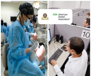 Candidates taking manikin and computerized dental examinations, logos for the ADA and ADEX